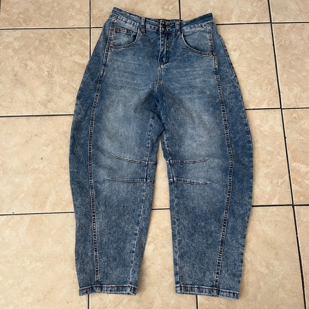 Womens Barrel Pants Small Denim Blue Balloon Jeans Harem Boho Festival Baggy Art